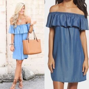 Falls Creek Off Shoulder Ruffled Chambray Dress. P/A894/2